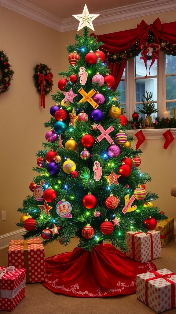 A 4 ft Christmas tree decorated with colorful ornaments and lights in a cozy living room.
